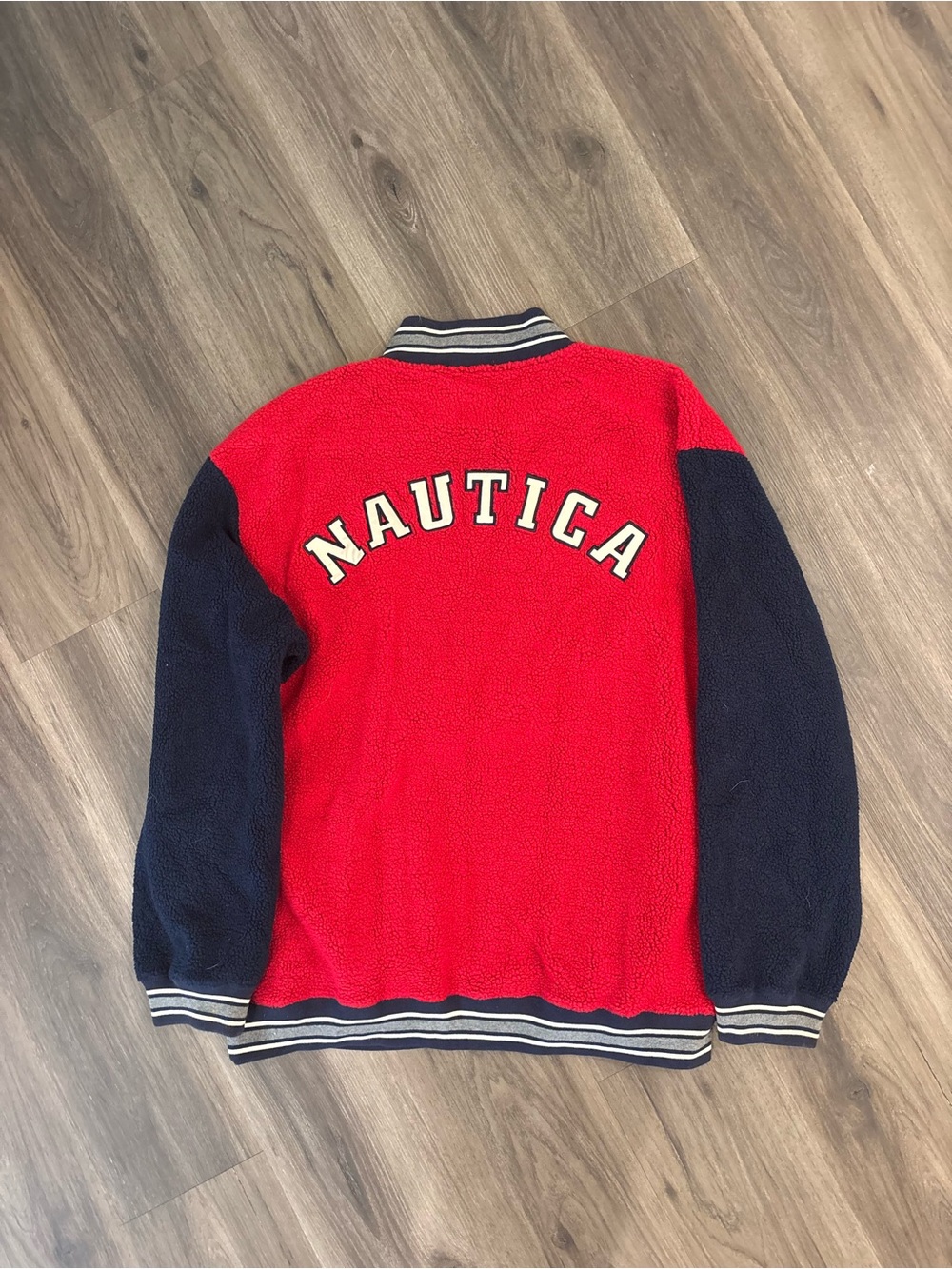 Nautica Red Body Navy Sleeve Crewneck Fleece Sweater